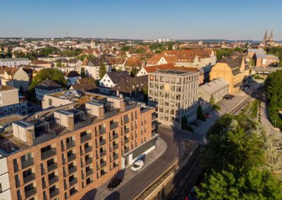 drone view on building and Regensburg cathedral